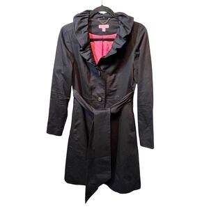 Lilly Pulitzer Trench Coat Ruffle Collar Belted Size 4 Black Outerwear
